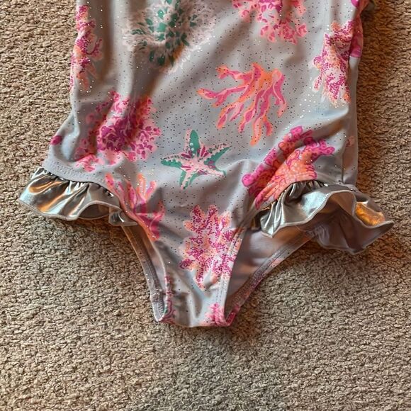 Girls' Ruffled Swimsuit with Sea Life Print - Picture 2 of 8